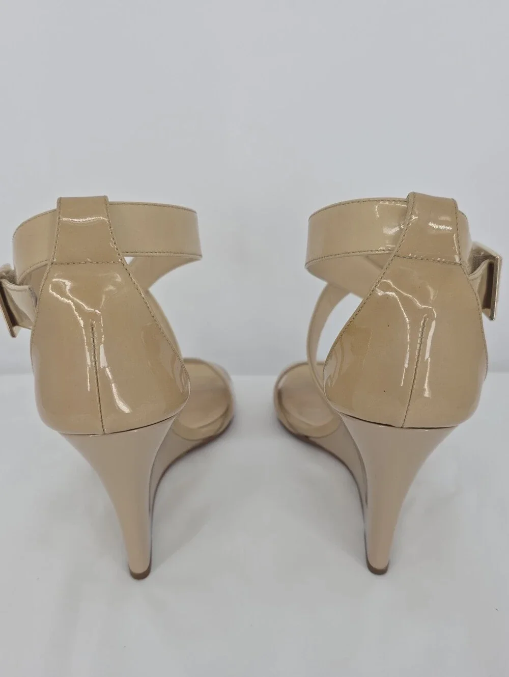 Jimmy Choo Nude Patent Leather Wedge Sandals 36 US 6 Crisscross Authenticated
